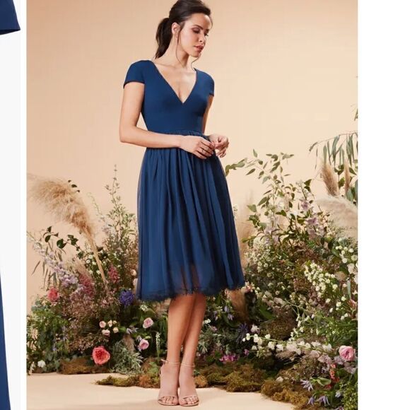 Dress The Population Corey Chiffon Fit & Flare Cocktail Dress Size L Navy Blue - Picture 1 of 13